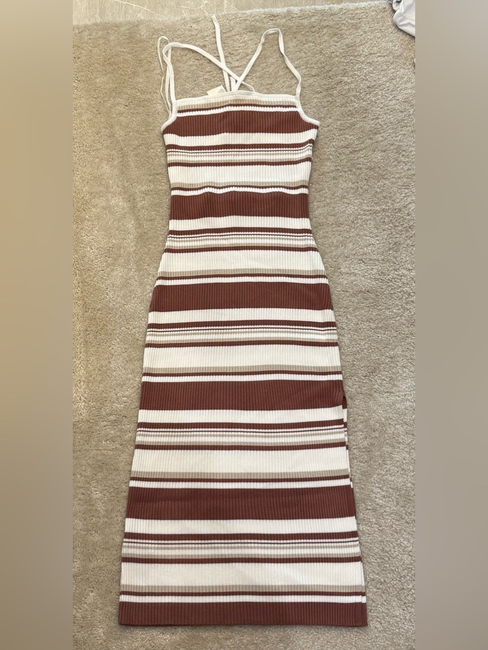 Abercrombie & Fitch Brown and Cream Striped Ribbed Midi Dress